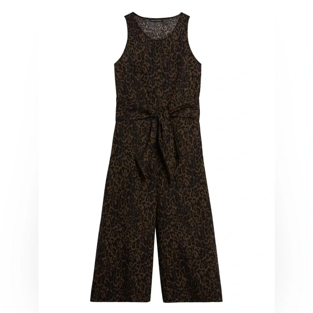 NWOT Banana Republic Linen Blend Wide Leg Crop Jumpsuit Animal Print Size 14
